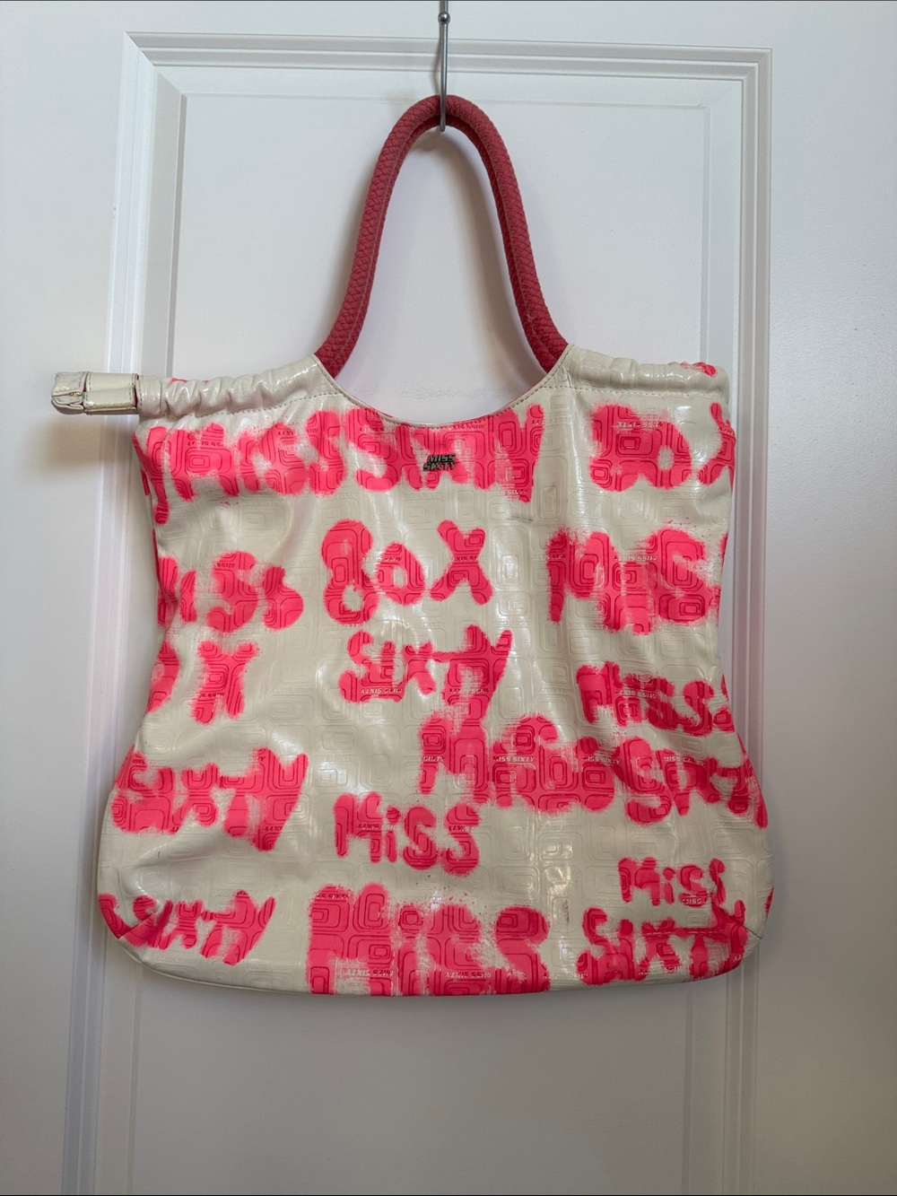 Y2K Miss Sixty White Tote with Neon Pink Logo